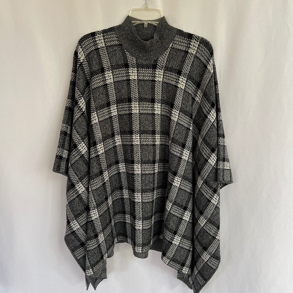 Theory Florencia Plaid Wool Cape/ Poncho Sweater Mock Neck Gray White Size M/L